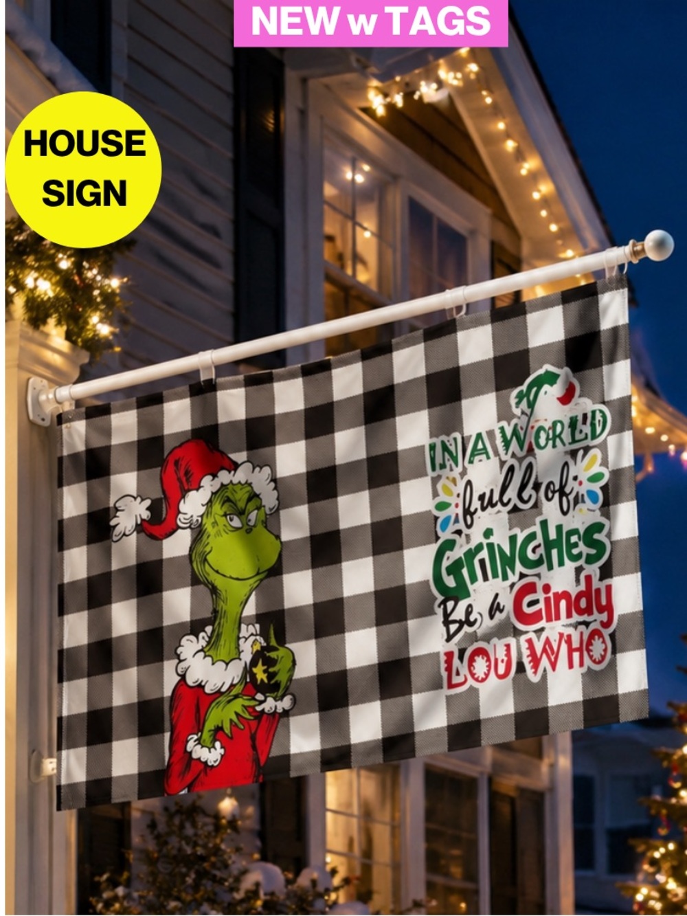 NEW w TAGS 🏷️ 2/for $20 🪩 Holiday GRINCH Buffalo Plaid Banner (20x52 inches)